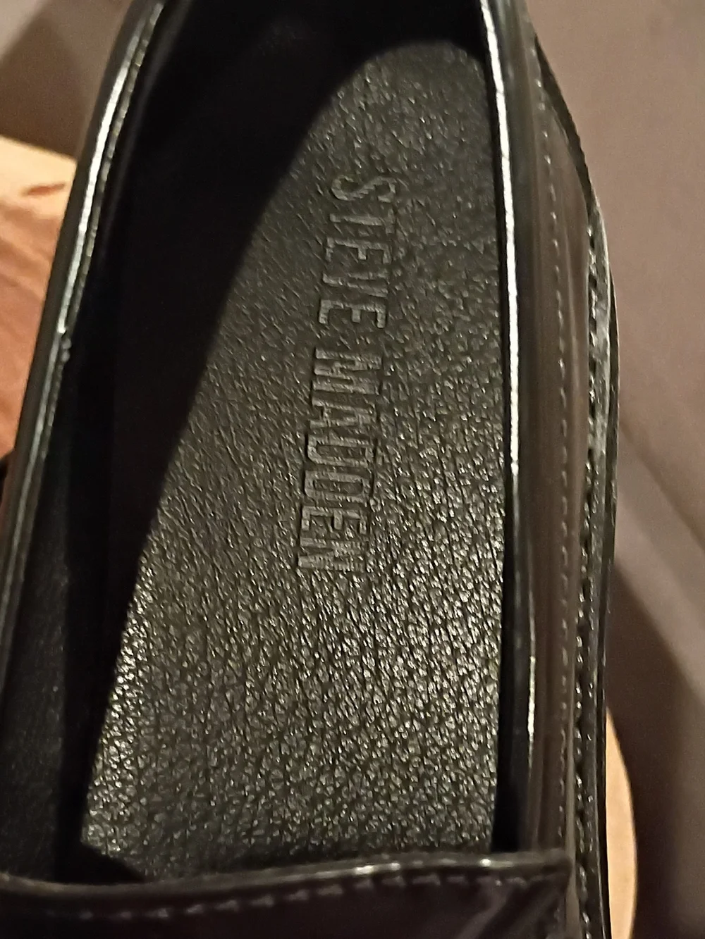 Steve Madden Black Patent Loafers with Gold Accent